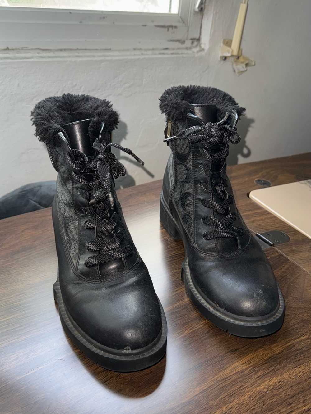 Coach Black Lace-Up Fur Trim Combat Boots